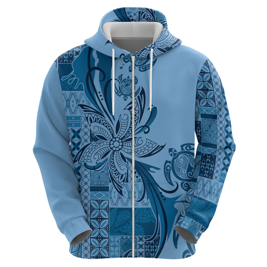 Talofa Samoa Mamanu Siapo Mix Malu Zip Hoodie Cool Blue Frangipani and Turtles