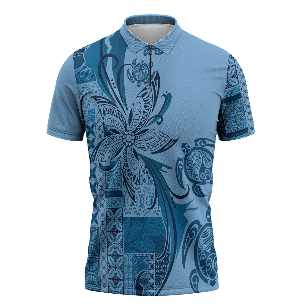 Talofa Samoa Mamanu Siapo Mix Malu Zipper Polo Shirt Cool Blue Frangipani and Turtles