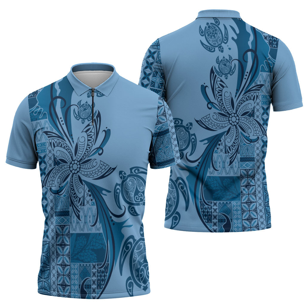 Talofa Samoa Mamanu Siapo Mix Malu Zipper Polo Shirt Cool Blue Frangipani and Turtles