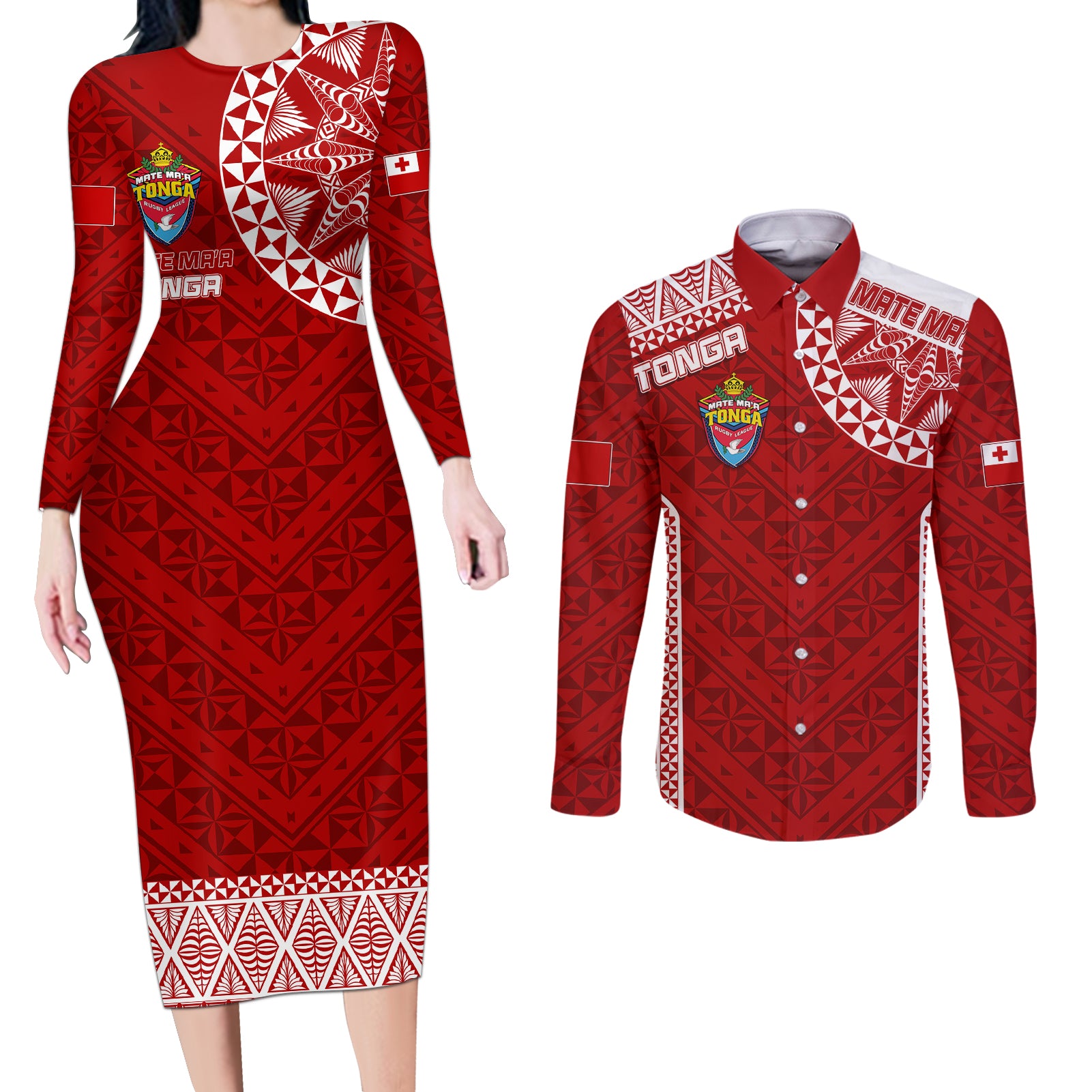 Personalised Tonga Rugby Couples Matching Long Sleeve Bodycon Dress and Long Sleeve Button Shirts Mate Ma'a Tonga Champions LT7 Red - Polynesian Pride