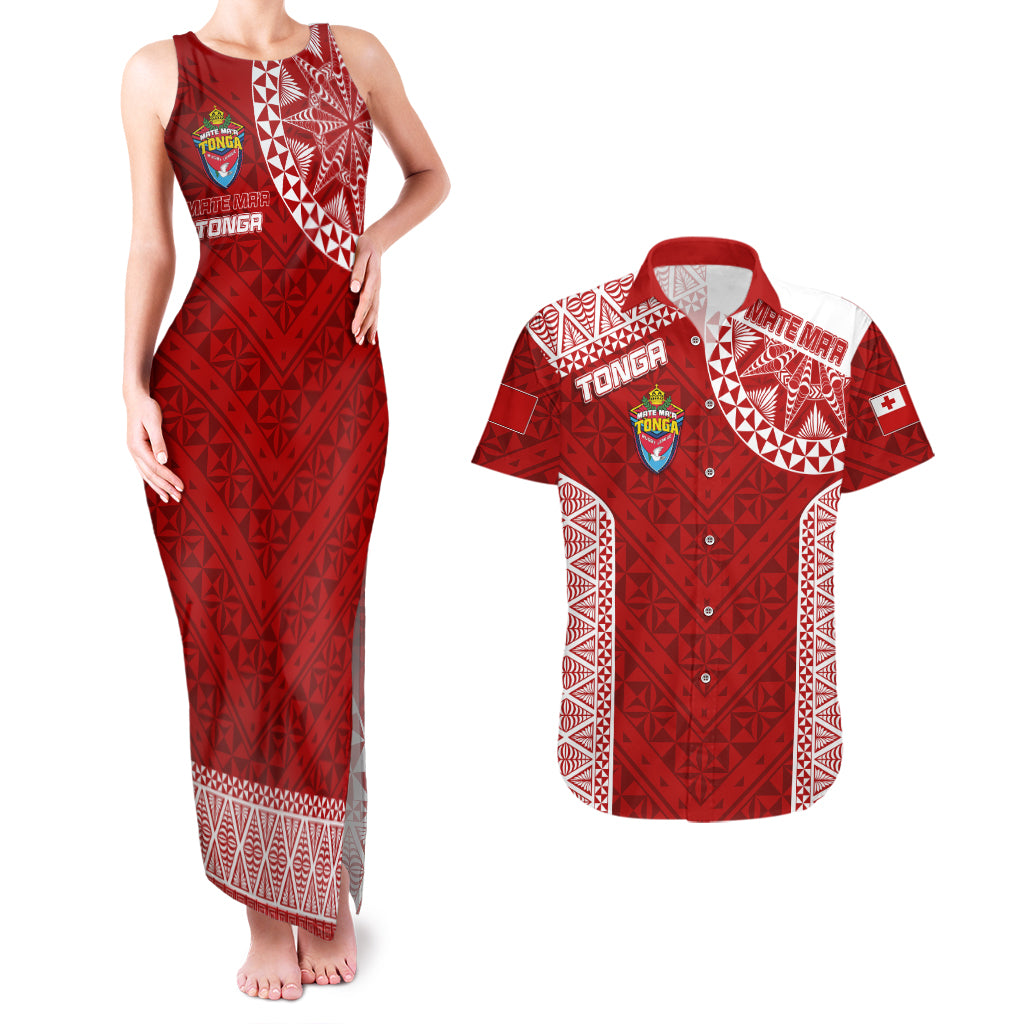 Personalised Tonga Rugby Couples Matching Tank Maxi Dress And Hawaiian Shirt Mate Ma'a Tonga Champions LT7 Red - Polynesian Pride