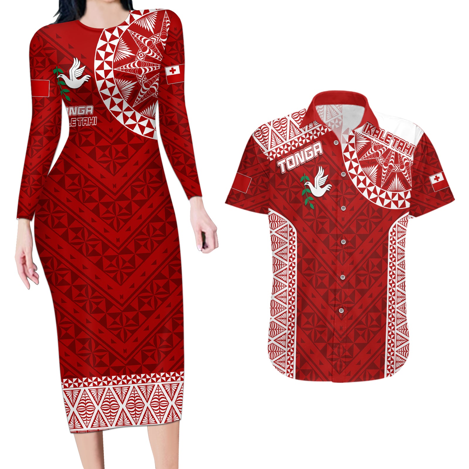 Personalised Tonga Rugby Couples Matching Long Sleeve Bodycon Dress and Hawaiian Shirt Ikale Tahi Champions World Cup 2023 LT7 Red - Polynesian Pride