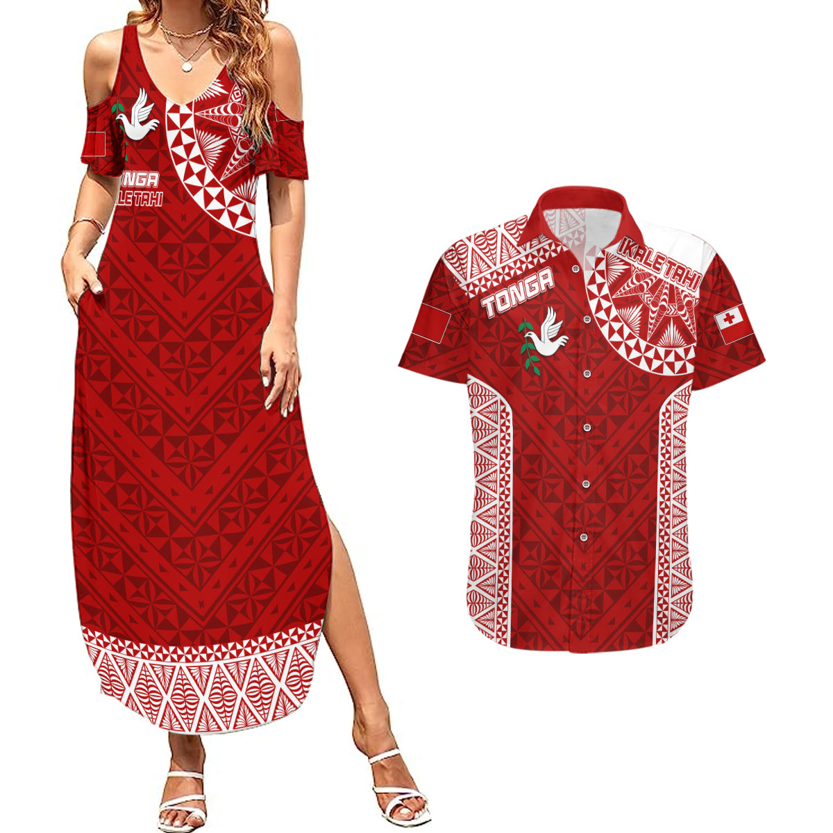 Personalised Tonga Rugby Couples Matching Summer Maxi Dress and Hawaiian Shirt Ikale Tahi Champions World Cup 2023 LT7 Red - Polynesian Pride