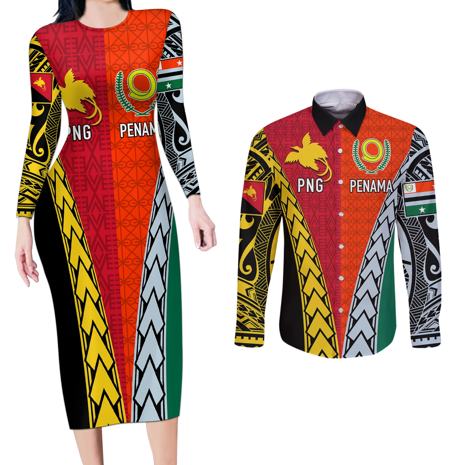Personalised Papua New Guinea Mix Penama Couples Matching Long Sleeve Bodycon Dress and Long Sleeve Button Shirts Tribal Patterns Half-Half Style LT7 Colorful - Polynesian Pride