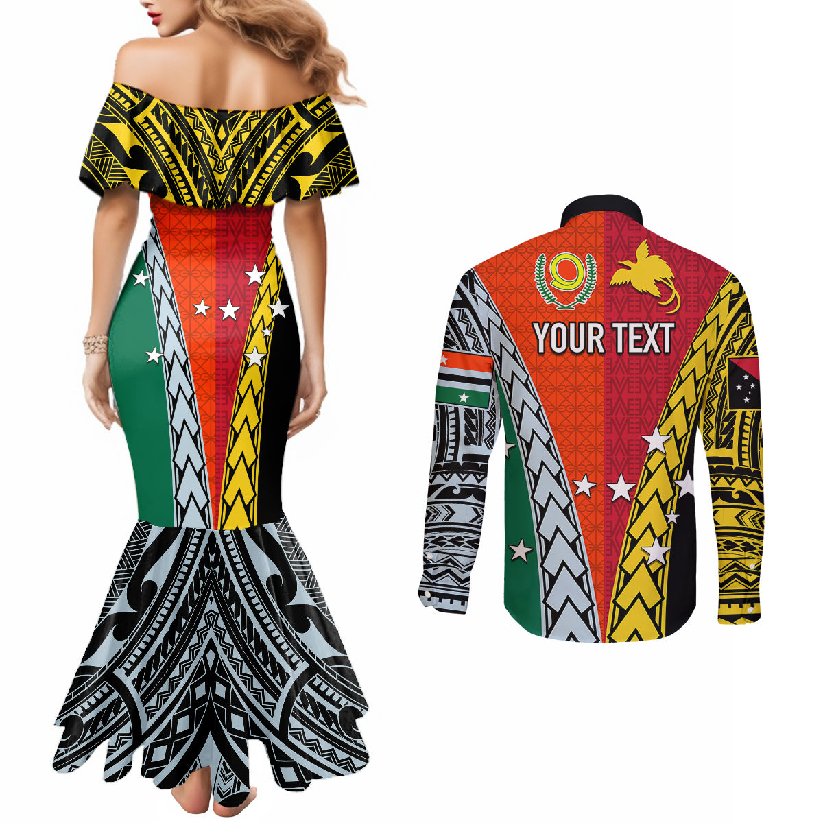 Personalised Papua New Guinea Mix Penama Couples Matching Mermaid Dress and Long Sleeve Button Shirts Tribal Patterns Half-Half Style LT7 - Polynesian Pride
