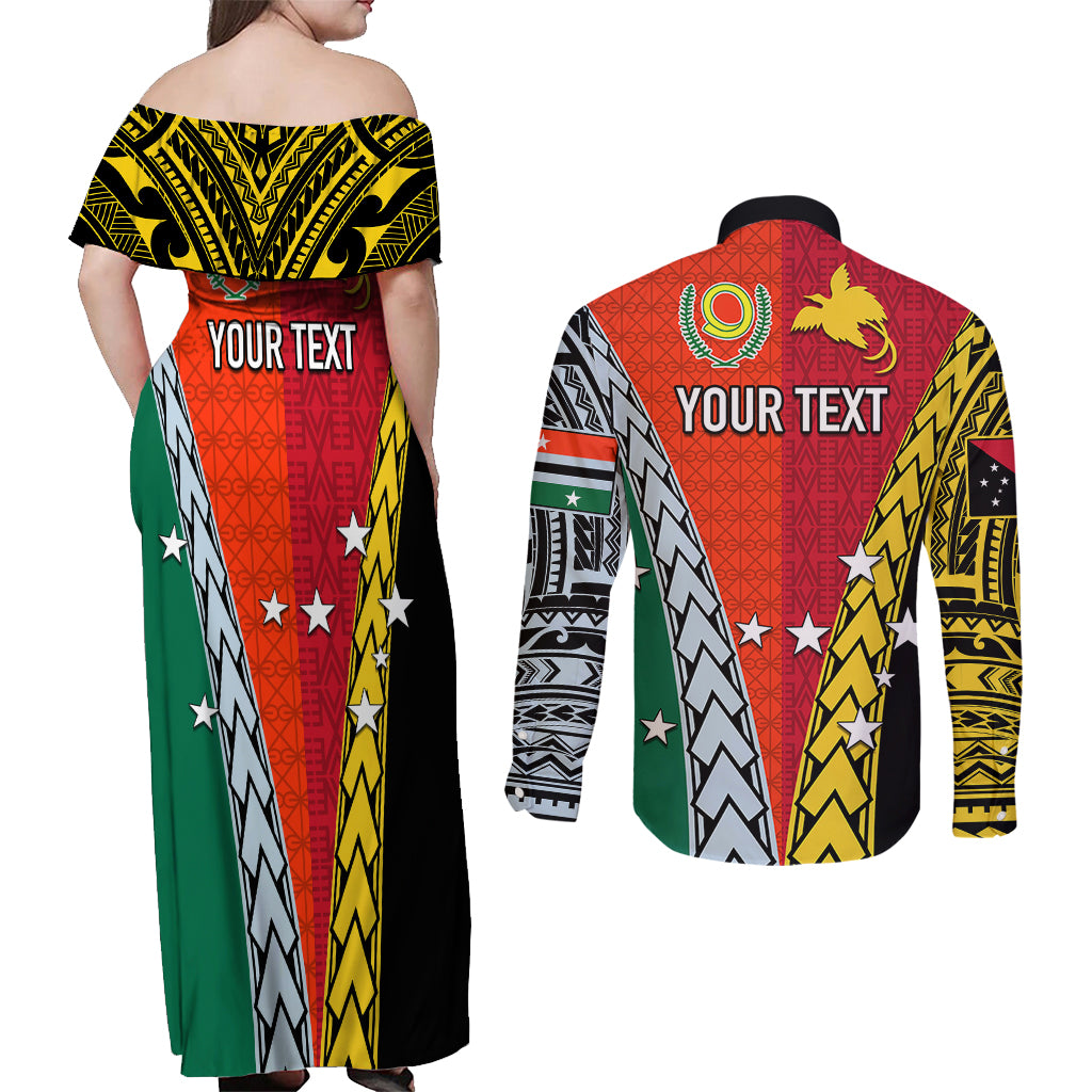 Personalised Papua New Guinea Mix Penama Couples Matching Off Shoulder Maxi Dress and Long Sleeve Button Shirts Tribal Patterns Half-Half Style LT7 - Polynesian Pride