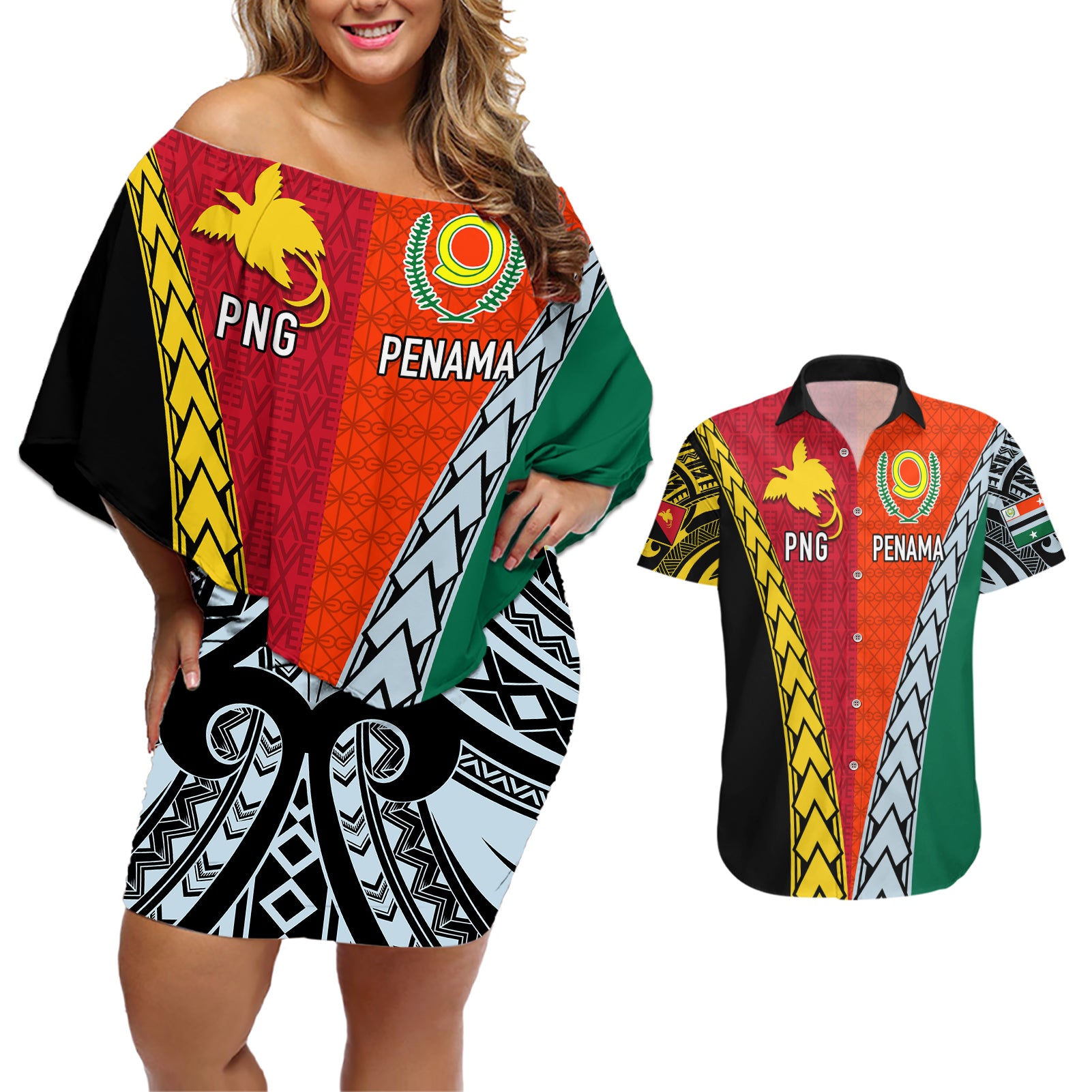 Personalised Papua New Guinea Mix Penama Couples Matching Off Shoulder Short Dress and Hawaiian Shirt Tribal Patterns Half-Half Style LT7 Colorful - Polynesian Pride