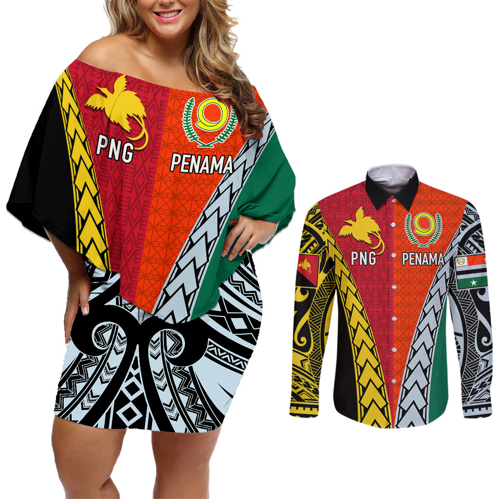 Personalised Papua New Guinea Mix Penama Couples Matching Off Shoulder Short Dress and Long Sleeve Button Shirts Tribal Patterns Half-Half Style LT7 Colorful - Polynesian Pride