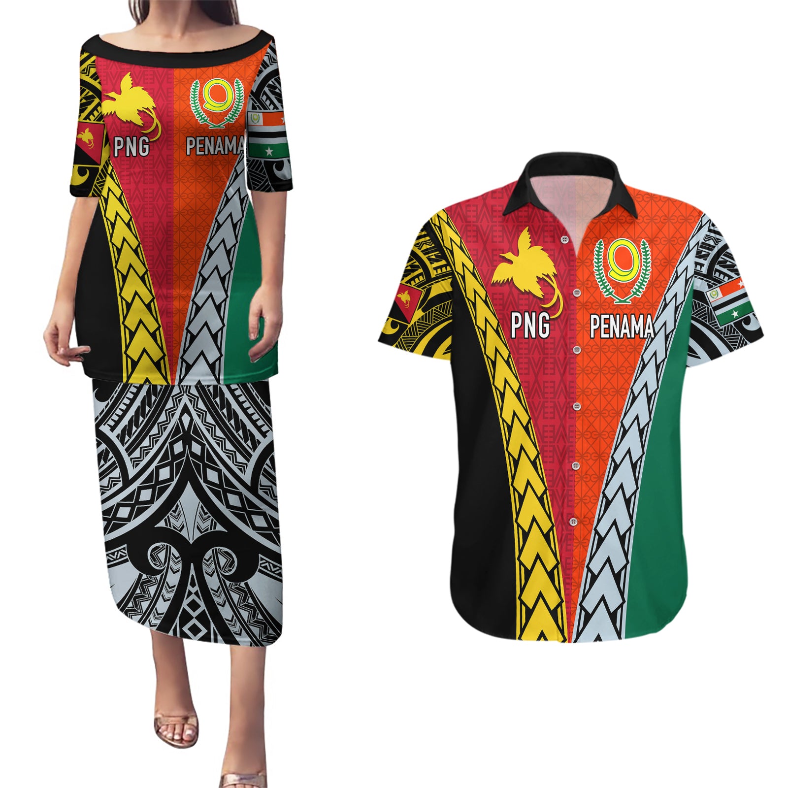 Personalised Papua New Guinea Mix Penama Couples Matching Puletasi Dress and Hawaiian Shirt Tribal Patterns Half-Half Style LT7 Colorful - Polynesian Pride