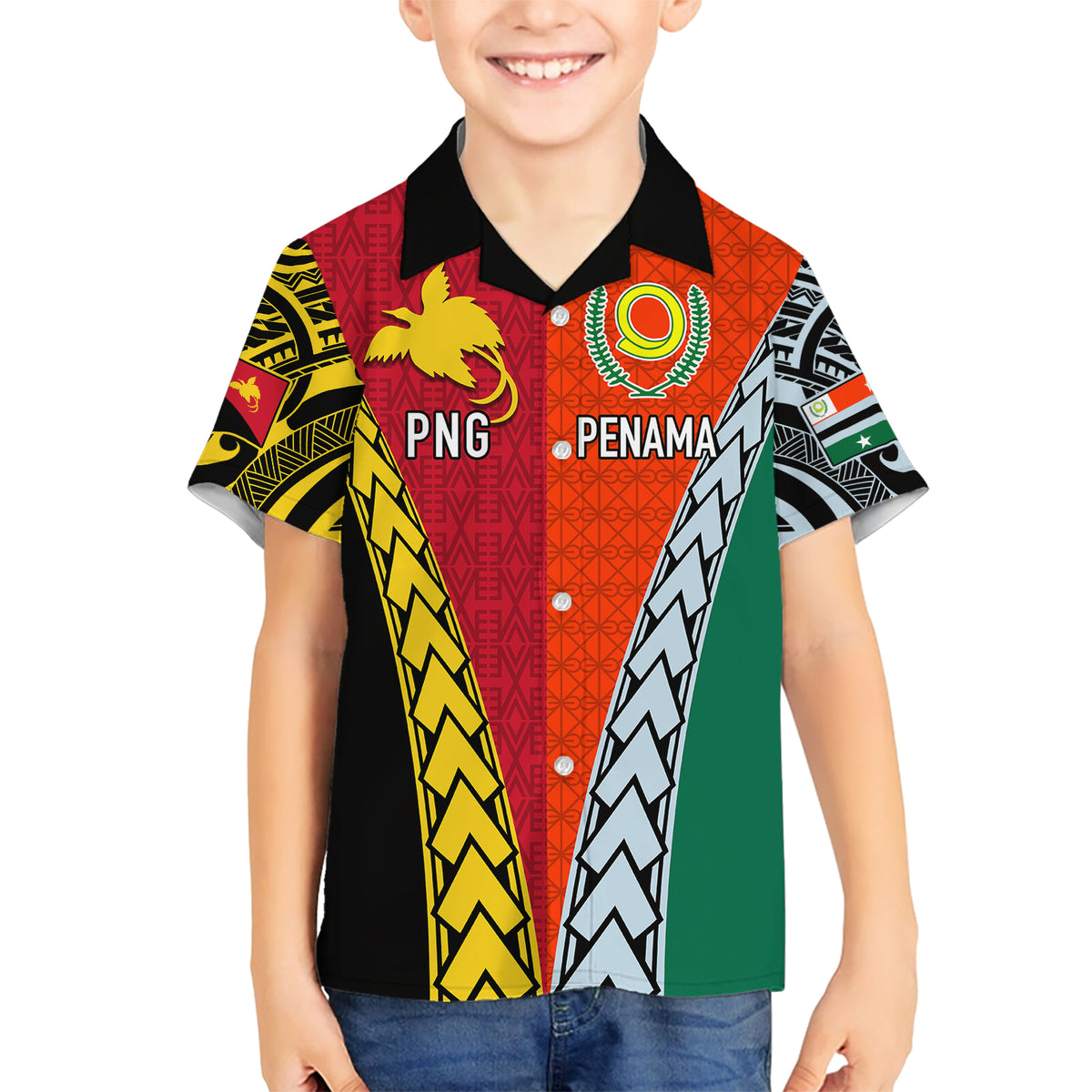 Personalised Papua New Guinea Mix Penama Kid Hawaiian Shirt Tribal Patterns Half-Half Style LT7 Kid Colorful - Polynesian Pride