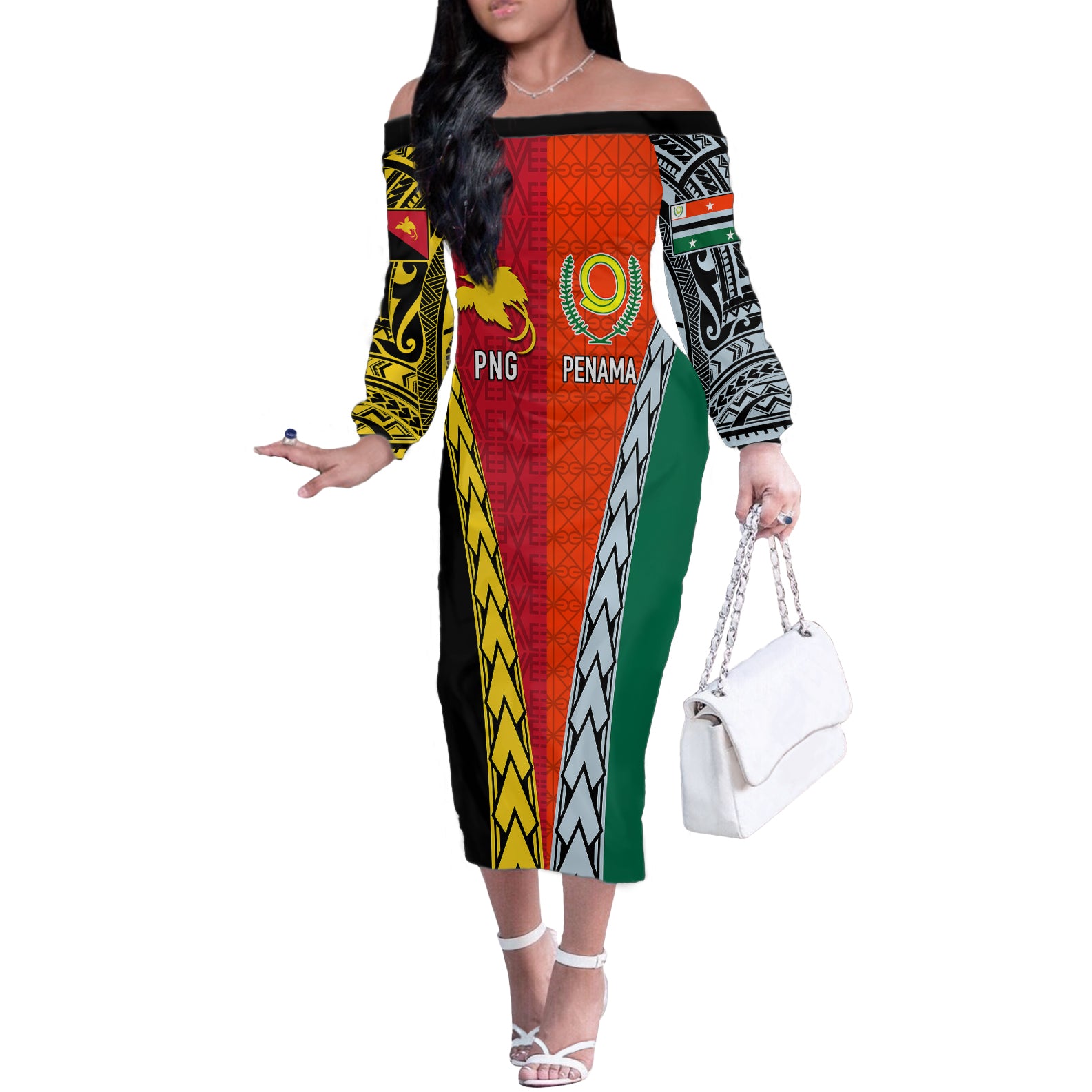 Personalised Papua New Guinea Mix Penama Off The Shoulder Long Sleeve Dress Tribal Patterns Half-Half Style LT7 Women Colorful - Polynesian Pride