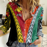 Personalised Papua New Guinea Mix Penama Women Casual Shirt Tribal Patterns Half-Half Style LT7 Female Colorful - Polynesian Pride