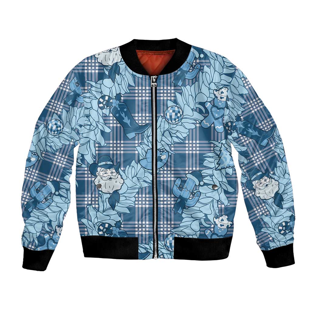 Blue Palaka Hawaii Cowboy Christmas Bomber Jacket Paniolo Mix Maile Lei - Polynesian Pride