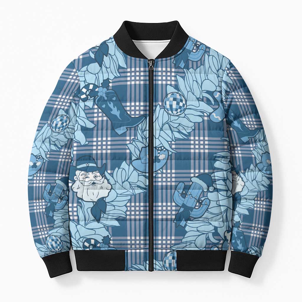 Blue Palaka Hawaii Cowboy Christmas Bomber Puffer Jacket Paniolo Mix Maile Lei - Polynesian Pride
