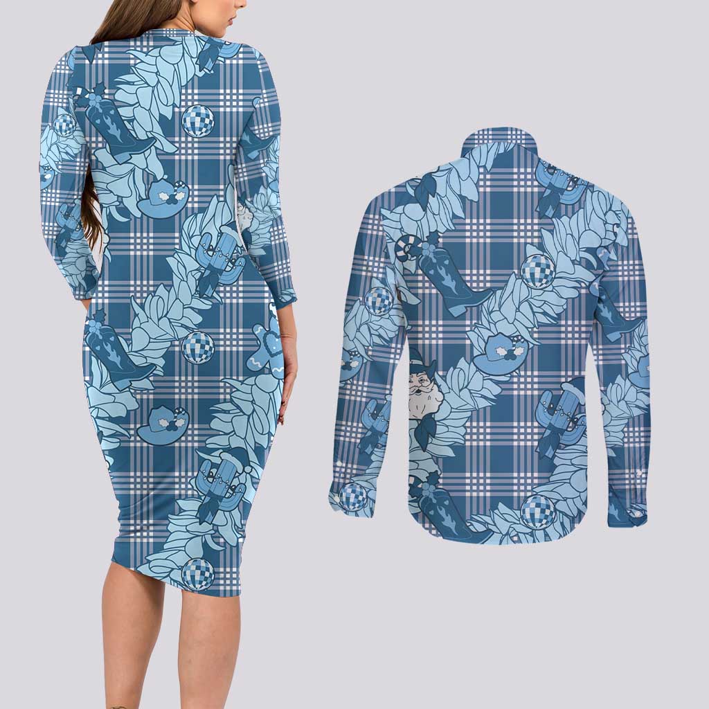 Blue Palaka Hawaii Cowboy Christmas Couples Matching Long Sleeve Bodycon Dress and Long Sleeve Button Shirt Paniolo Mix Maile Lei - Polynesian Pride