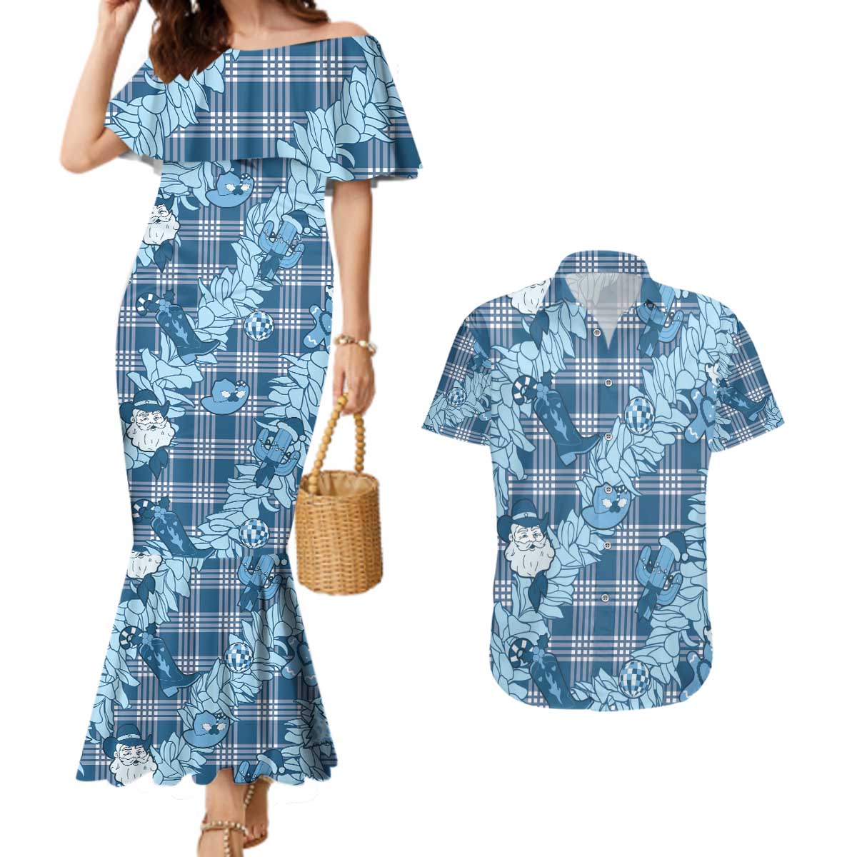 Blue Palaka Hawaii Cowboy Christmas Couples Matching Mermaid Dress and Hawaiian Shirt Paniolo Mix Maile Lei - Polynesian Pride