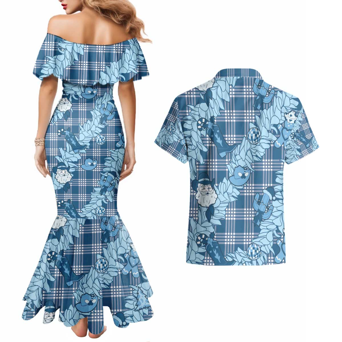 Blue Palaka Hawaii Cowboy Christmas Couples Matching Mermaid Dress and Hawaiian Shirt Paniolo Mix Maile Lei - Polynesian Pride