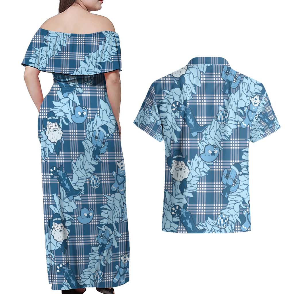 Blue Palaka Hawaii Cowboy Christmas Couples Matching Off Shoulder Maxi Dress and Hawaiian Shirt Paniolo Mix Maile Lei - Polynesian Pride
