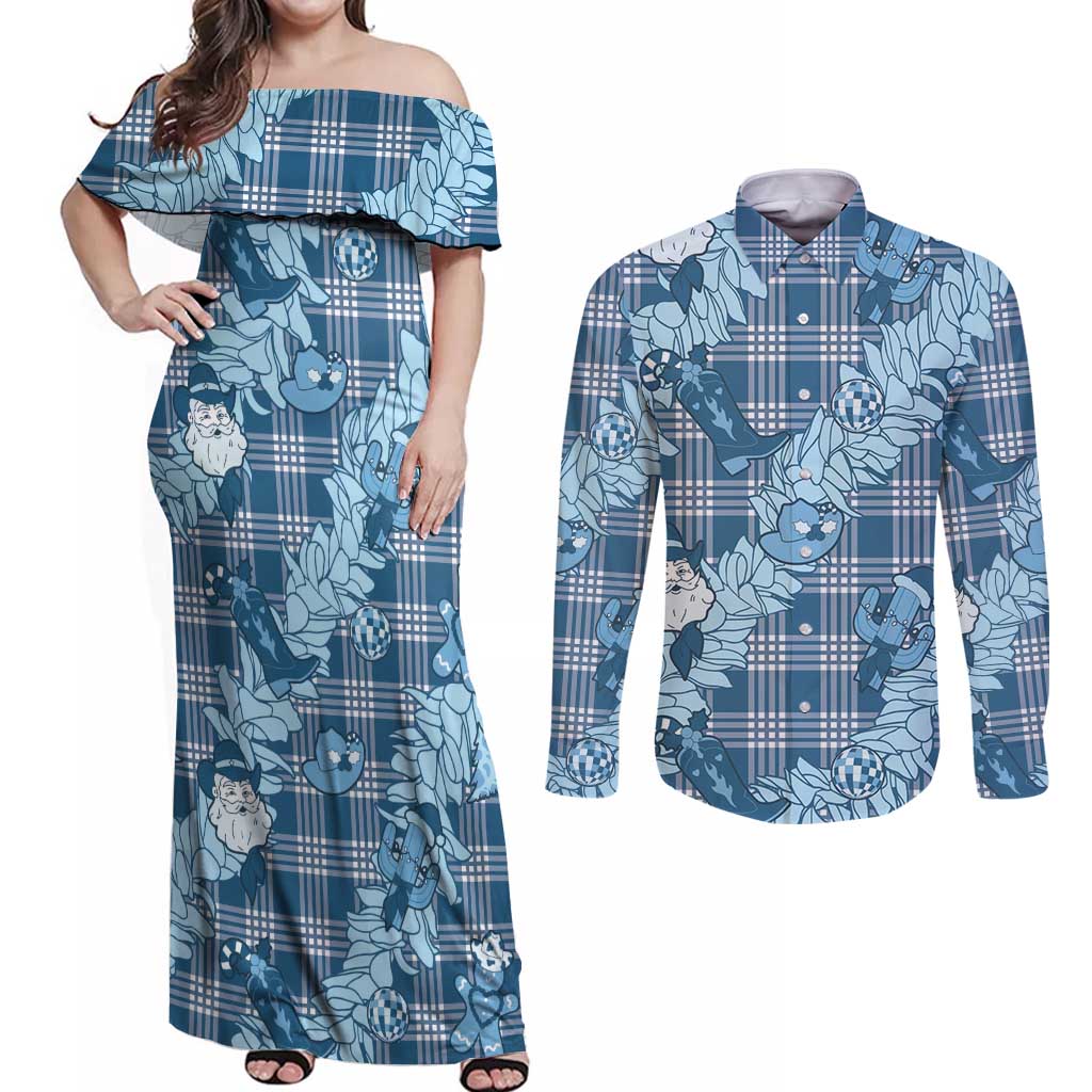Blue Palaka Hawaii Cowboy Christmas Couples Matching Off Shoulder Maxi Dress and Long Sleeve Button Shirt Paniolo Mix Maile Lei - Polynesian Pride