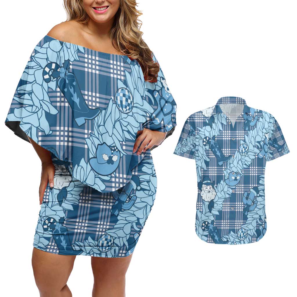 Blue Palaka Hawaii Cowboy Christmas Couples Matching Off Shoulder Short Dress and Hawaiian Shirt Paniolo Mix Maile Lei - Polynesian Pride