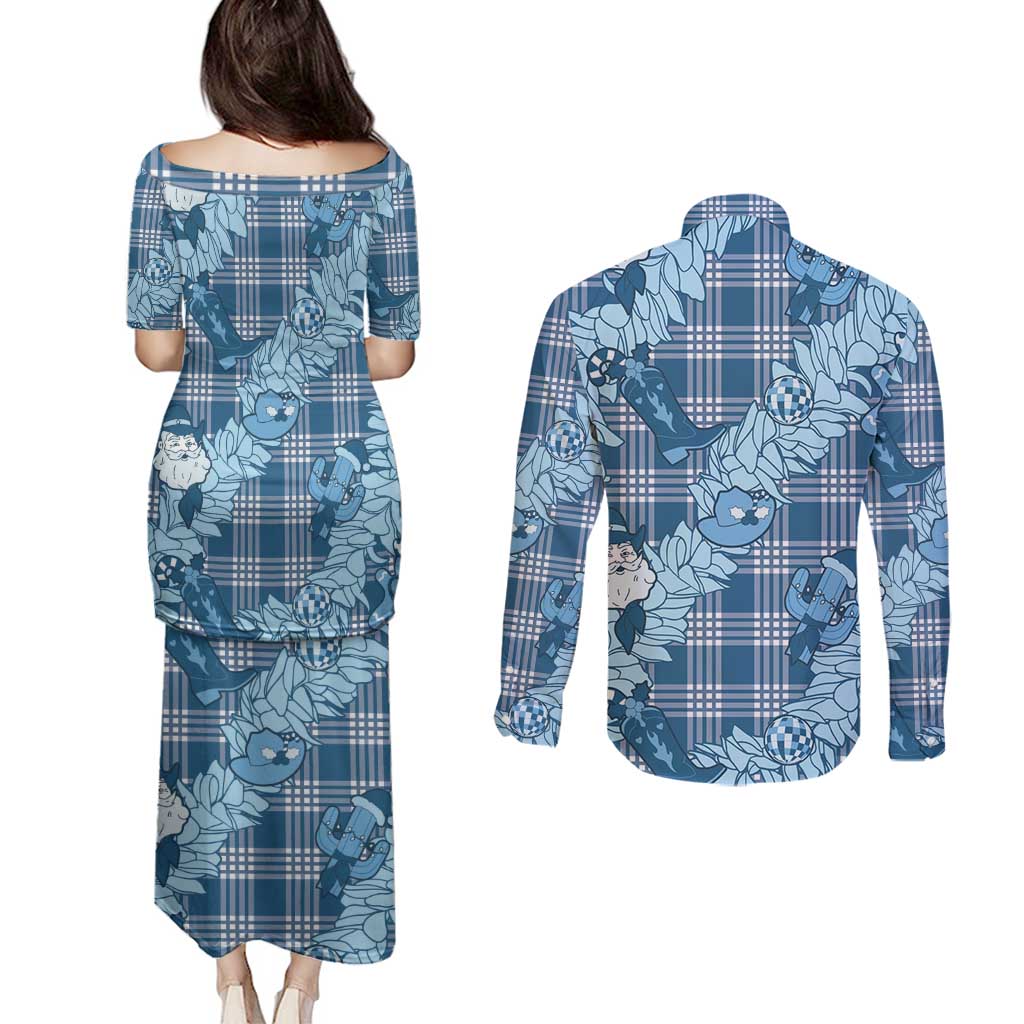 Blue Palaka Hawaii Cowboy Christmas Couples Matching Puletasi and Long Sleeve Button Shirt Paniolo Mix Maile Lei - Polynesian Pride