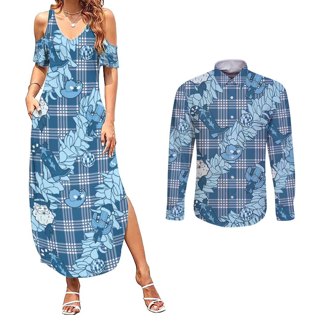 Blue Palaka Hawaii Cowboy Christmas Couples Matching Summer Maxi Dress and Long Sleeve Button Shirt Paniolo Mix Maile Lei - Polynesian Pride
