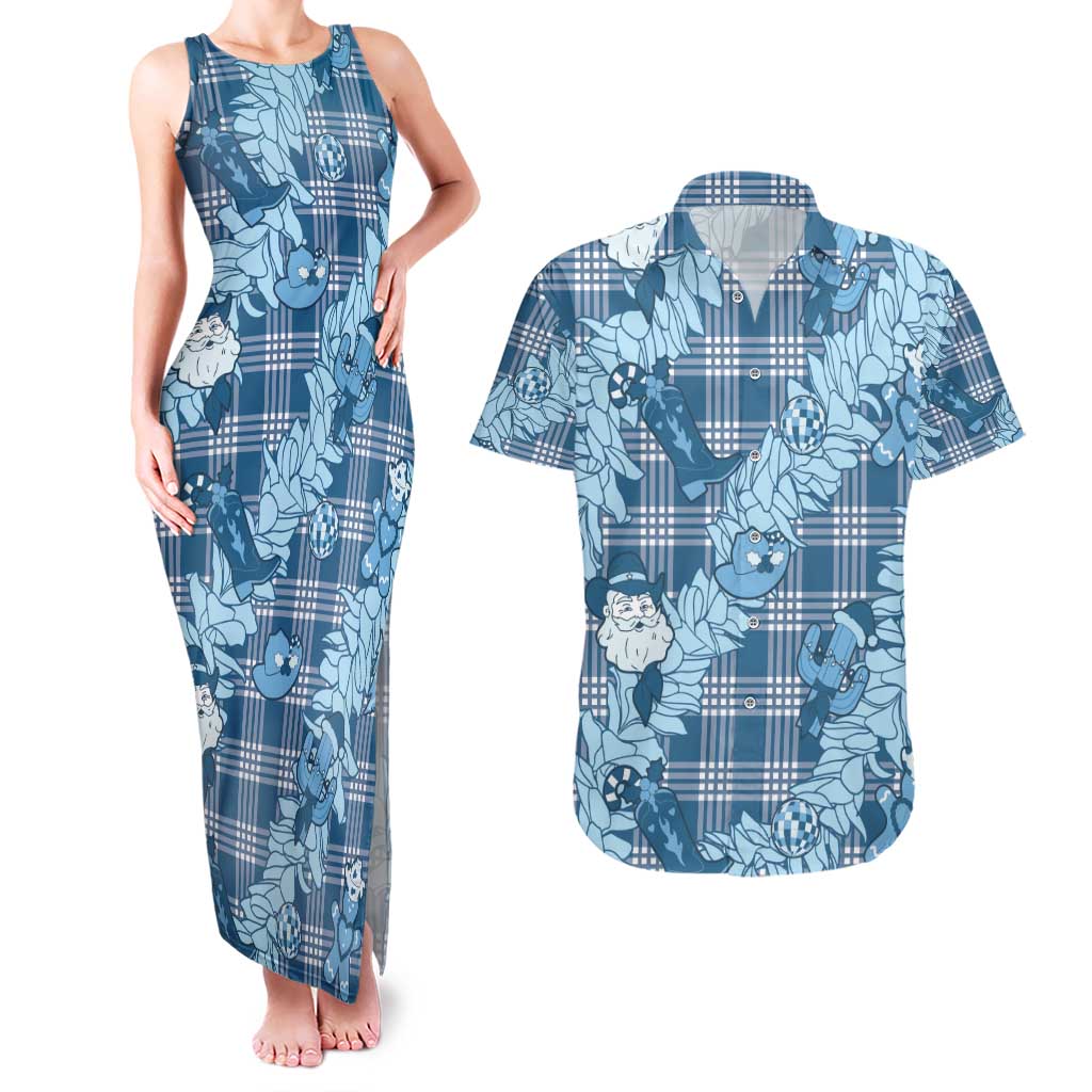 Blue Palaka Hawaii Cowboy Christmas Couples Matching Tank Maxi Dress and Hawaiian Shirt Paniolo Mix Maile Lei - Polynesian Pride