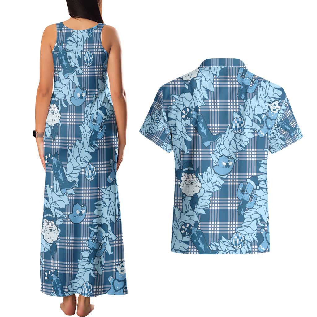 Blue Palaka Hawaii Cowboy Christmas Couples Matching Tank Maxi Dress and Hawaiian Shirt Paniolo Mix Maile Lei - Polynesian Pride