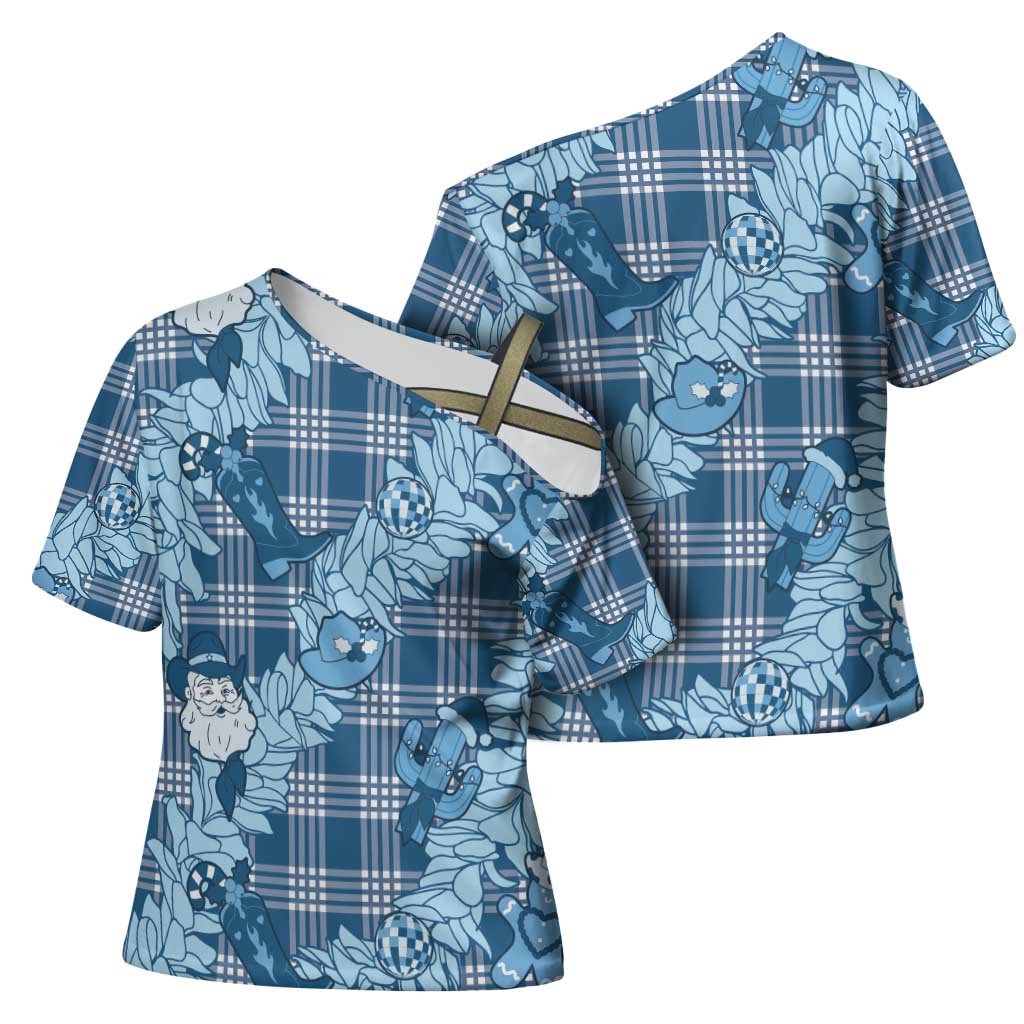 Blue Palaka Hawaii Cowboy Christmas Cross Shoulder Shirt Paniolo Mix Maile Lei - Polynesian Pride