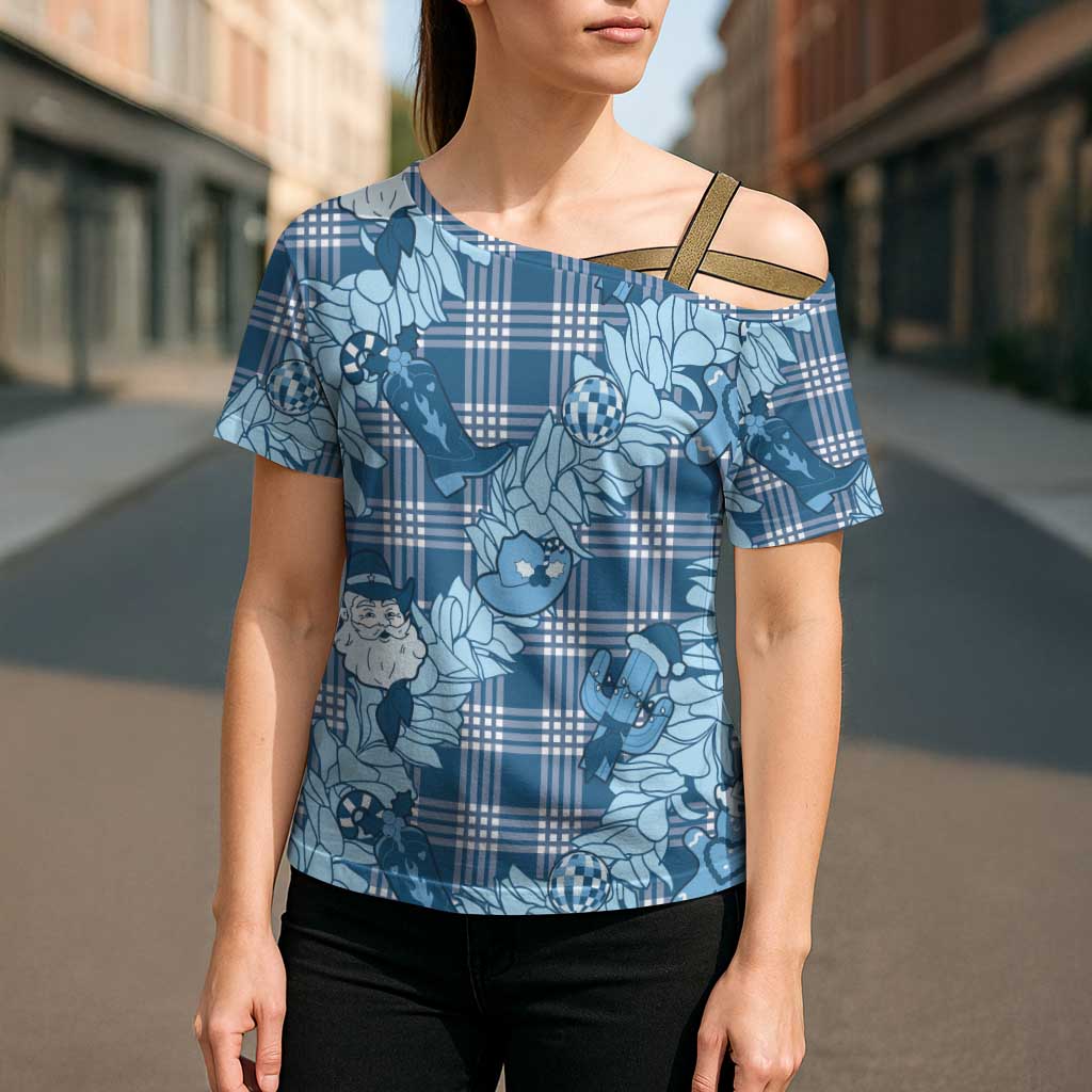 Blue Palaka Hawaii Cowboy Christmas Cross Shoulder Shirt Paniolo Mix Maile Lei - Polynesian Pride