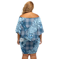 Blue Palaka Hawaii Cowboy Christmas Family Matching Off Shoulder Short Dress and Hawaiian Shirt Paniolo Mix Maile Lei - Polynesian Pride