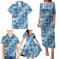 Blue Palaka Hawaii Cowboy Christmas Family Matching Puletasi and Hawaiian Shirt Paniolo Mix Maile Lei - Polynesian Pride