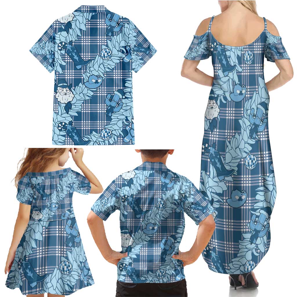 Blue Palaka Hawaii Cowboy Christmas Family Matching Summer Maxi Dress and Hawaiian Shirt Paniolo Mix Maile Lei - Polynesian Pride