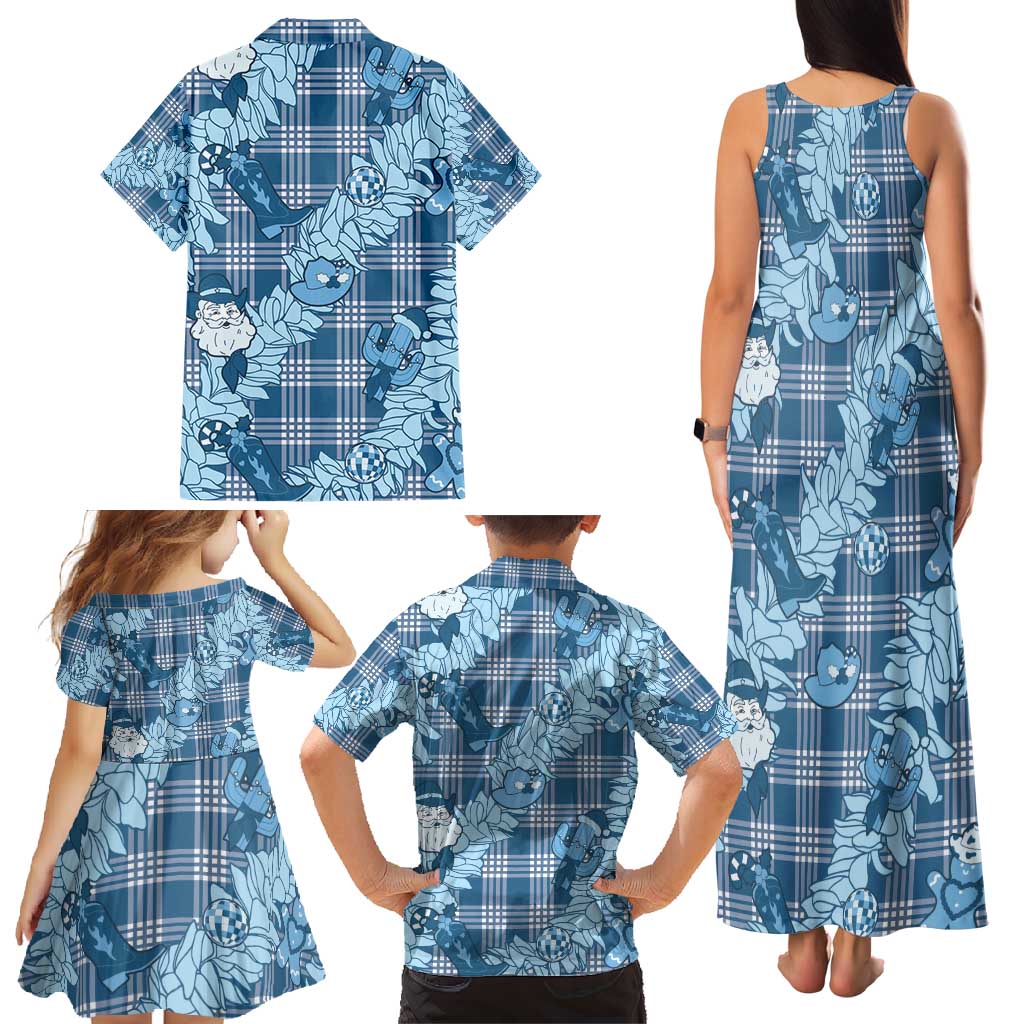 Blue Palaka Hawaii Cowboy Christmas Family Matching Tank Maxi Dress and Hawaiian Shirt Paniolo Mix Maile Lei - Polynesian Pride