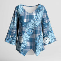 Blue Palaka Hawaii Cowboy Christmas Kimono Sleeve Blouse Paniolo Mix Maile Lei - Polynesian Pride