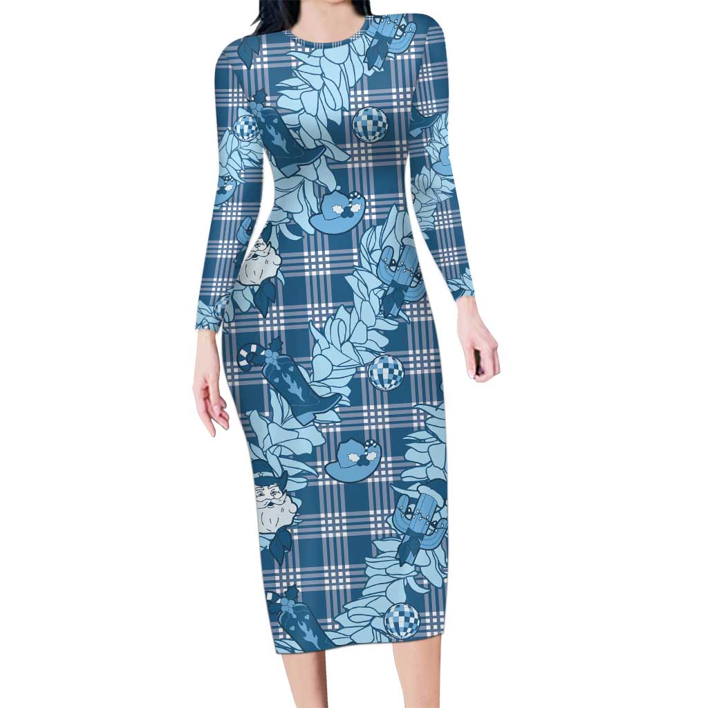 Blue Palaka Hawaii Cowboy Christmas Long Sleeve Bodycon Dress Paniolo Mix Maile Lei - Polynesian Pride