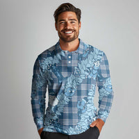 Blue Palaka Hawaii Cowboy Christmas Long Sleeve Polo Shirt Paniolo Mix Maile Lei - Polynesian Pride