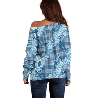 Blue Palaka Hawaii Cowboy Christmas Off Shoulder Sweater Paniolo Mix Maile Lei - Polynesian Pride