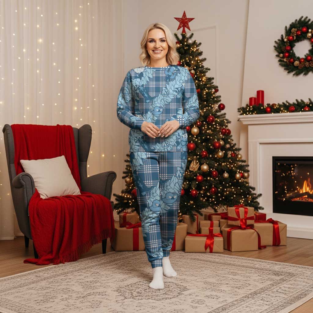 Blue Palaka Hawaii Cowboy Christmas Pajama Set Paniolo Mix Maile Lei - Polynesian Pride