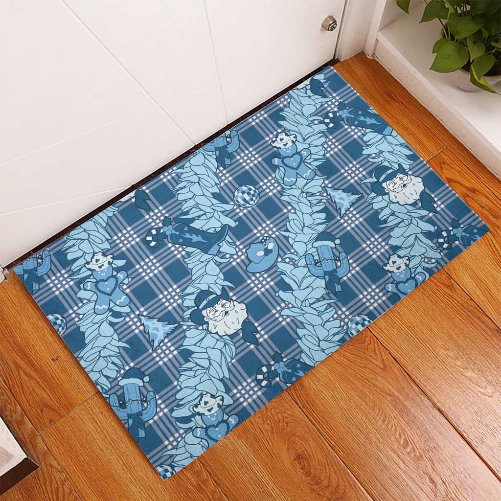 Blue Palaka Hawaii Cowboy Christmas Rubber Doormat Paniolo Mix Maile Lei - Polynesian Pride