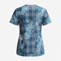 Blue Palaka Hawaii Cowboy Christmas Scrub Top Paniolo Mix Maile Lei - Polynesian Pride