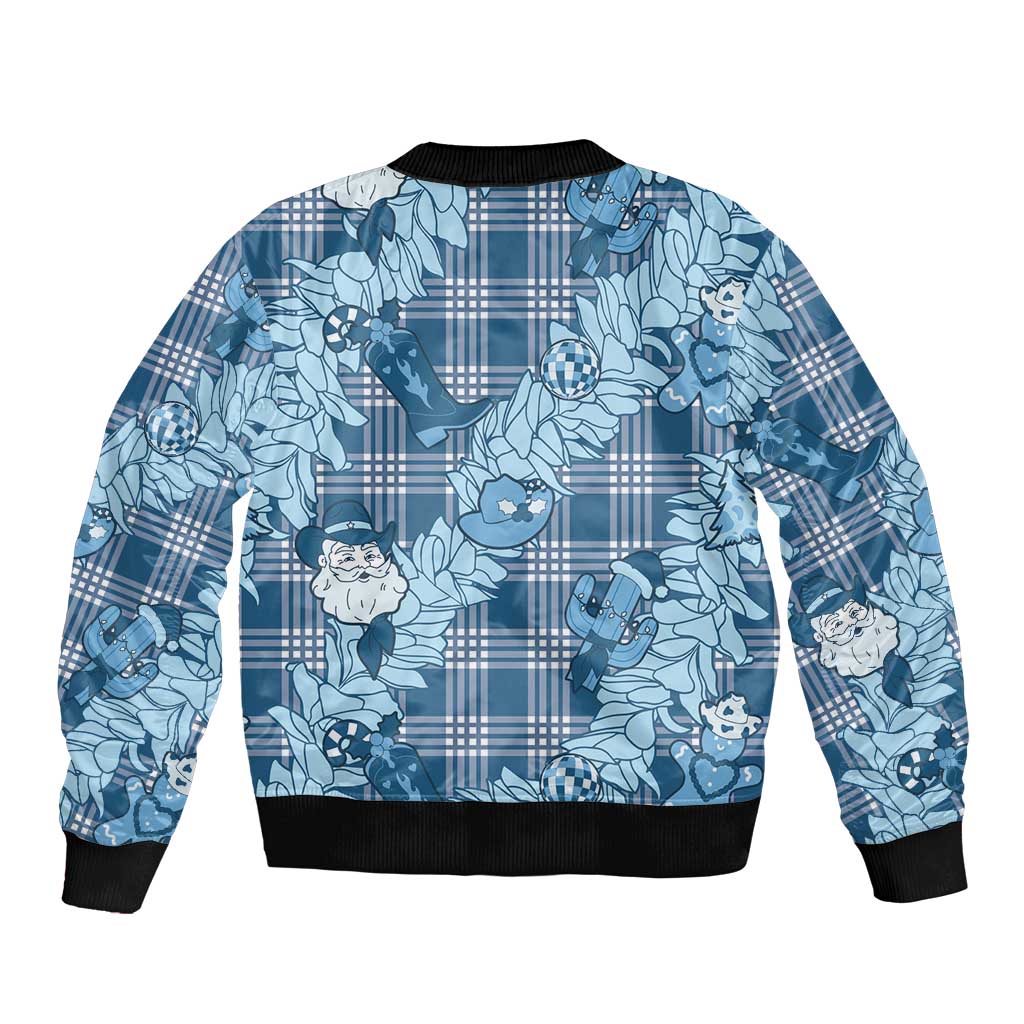 Blue Palaka Hawaii Cowboy Christmas Sleeve Zip Bomber Jacket Paniolo Mix Maile Lei - Polynesian Pride