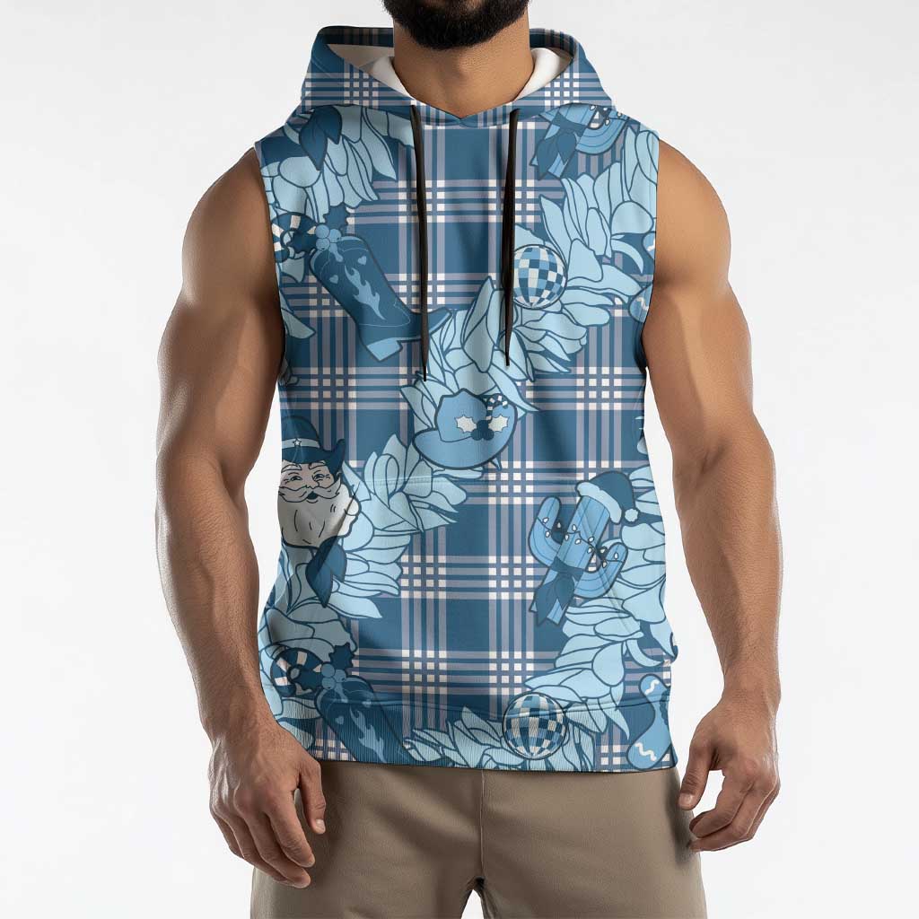 Blue Palaka Hawaii Cowboy Christmas Sleeveless Hoodie Paniolo Mix Maile Lei - Polynesian Pride