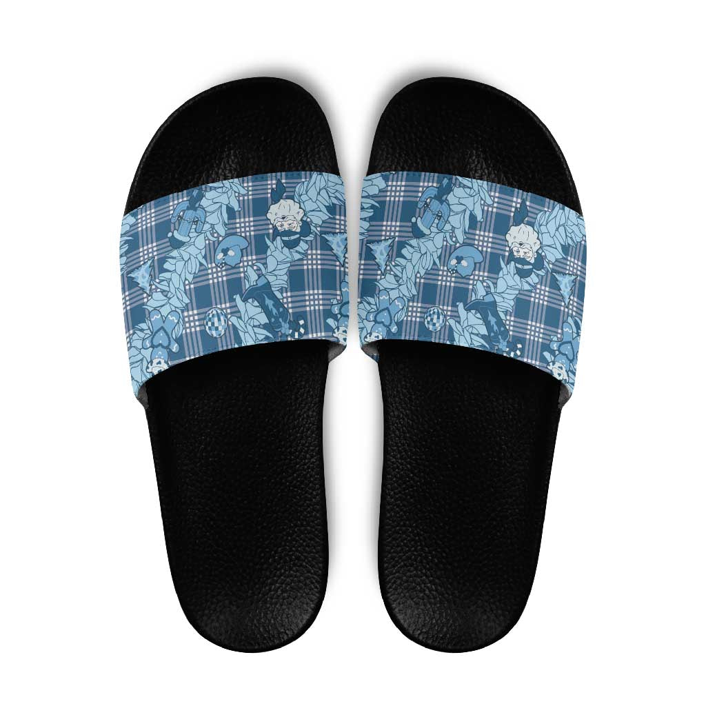 Blue Palaka Hawaii Cowboy Christmas Slide Sandals Paniolo Mix Maile Lei - Polynesian Pride