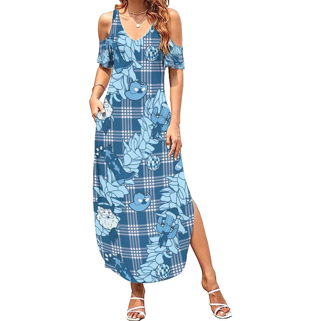 Blue Palaka Hawaii Cowboy Christmas Summer Maxi Dress Paniolo Mix Maile Lei - Polynesian Pride