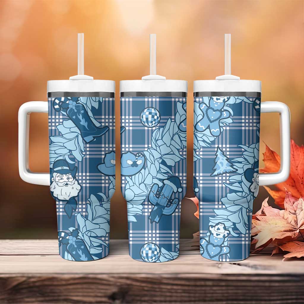 Blue Palaka Hawaii Cowboy Christmas Tumbler With Handle Paniolo Mix Maile Lei - Polynesian Pride