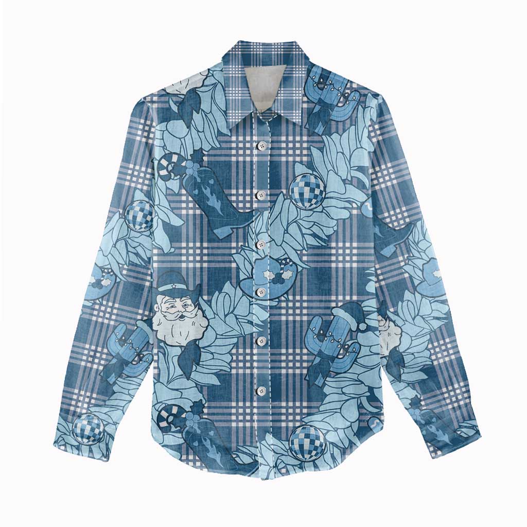 Blue Palaka Hawaii Cowboy Christmas Women Casual Shirt Paniolo Mix Maile Lei - Polynesian Pride