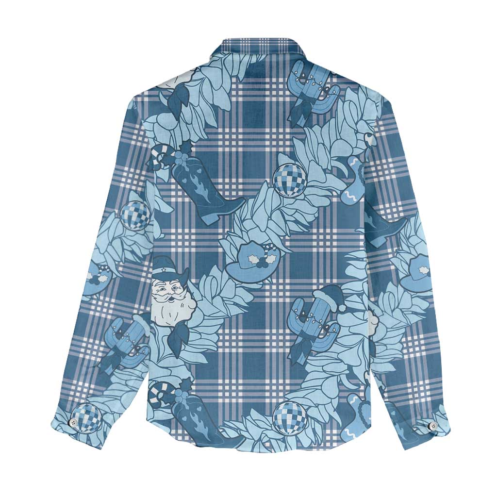 Blue Palaka Hawaii Cowboy Christmas Women Casual Shirt Paniolo Mix Maile Lei - Polynesian Pride