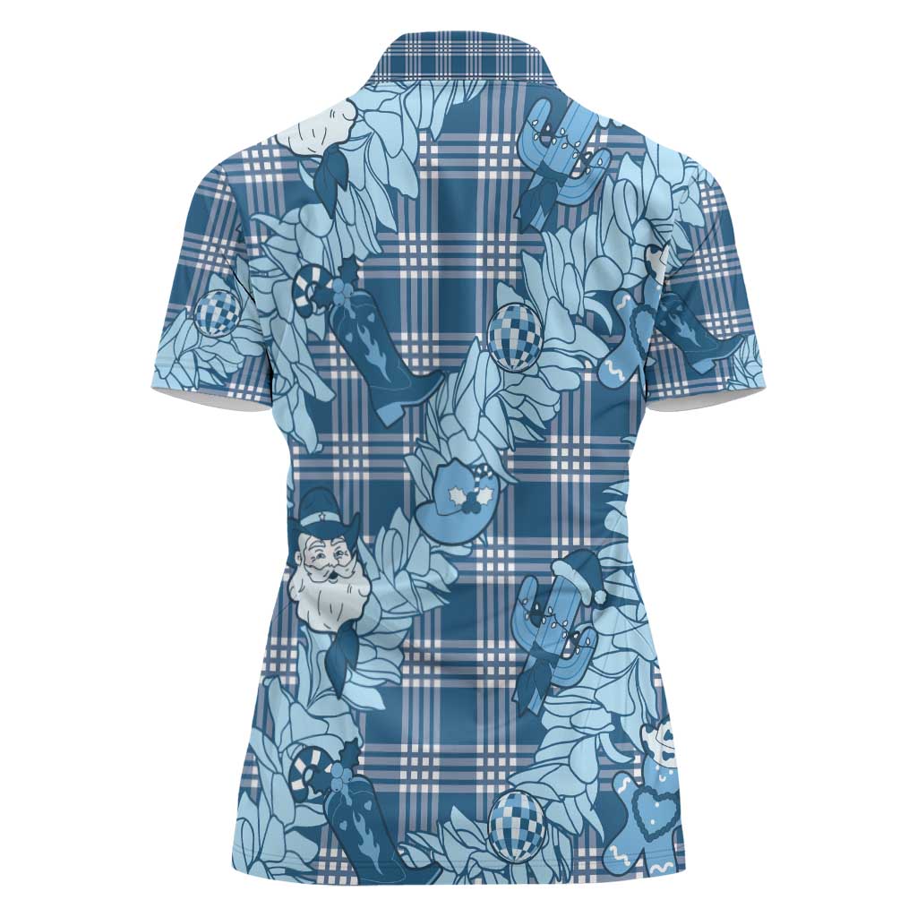 Blue Palaka Hawaii Cowboy Christmas Women Polo Shirt Paniolo Mix Maile Lei - Polynesian Pride