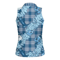 Blue Palaka Hawaii Cowboy Christmas Women Sleeveless Polo Shirt Paniolo Mix Maile Lei - Polynesian Pride